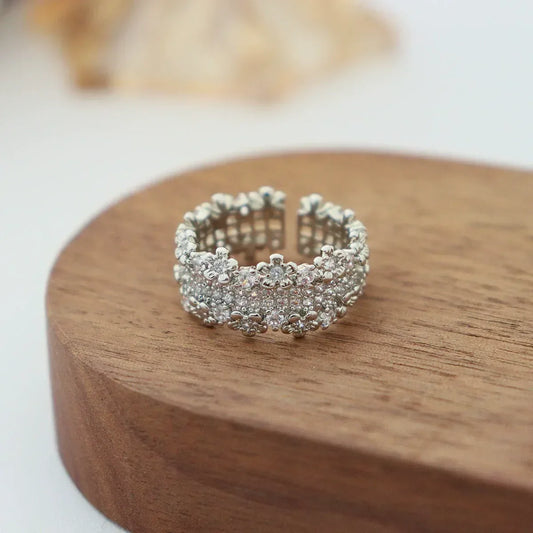 Adjustable Crystal Floral Lace Statement Ring | Silver Tone - Pearl Street Jewelers