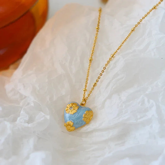 Blue Enamel Floral Heart Jewelry Set | Necklace & Earrings - Pearl Street Jewelers