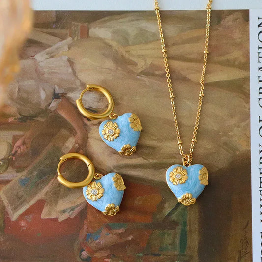 Blue Enamel Floral Heart Jewelry Set | Necklace & Earrings - Pearl Street Jewelers