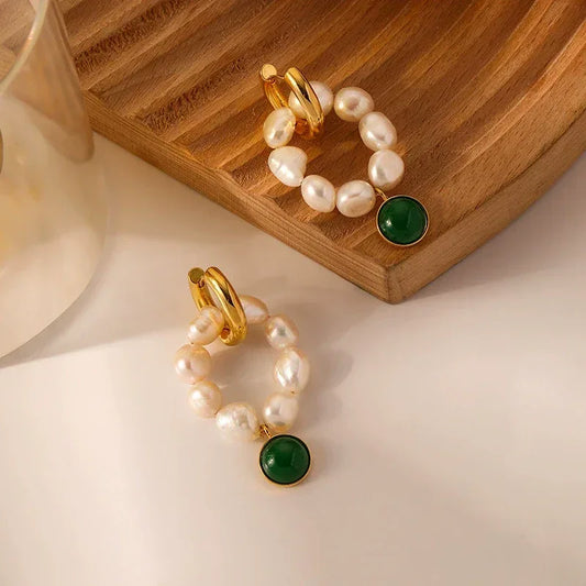 Baroque Pearl Hoop Earrings with Emerald Green Charm - Pearl Street Jewelers