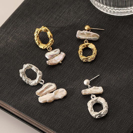 Artisan Irregular Texture Baroque Pearl Asymmetrical Earrings | Plated Gold/Silver Metal - Pearl Street Jewelers