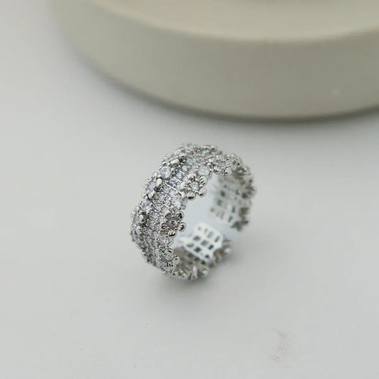 Adjustable Crystal Floral Lace Statement Ring | Silver Tone - Pearl Street Jewelers