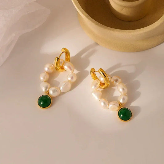 Baroque Pearl Hoop Earrings with Emerald Green Charm - Pearl Street Jewelers